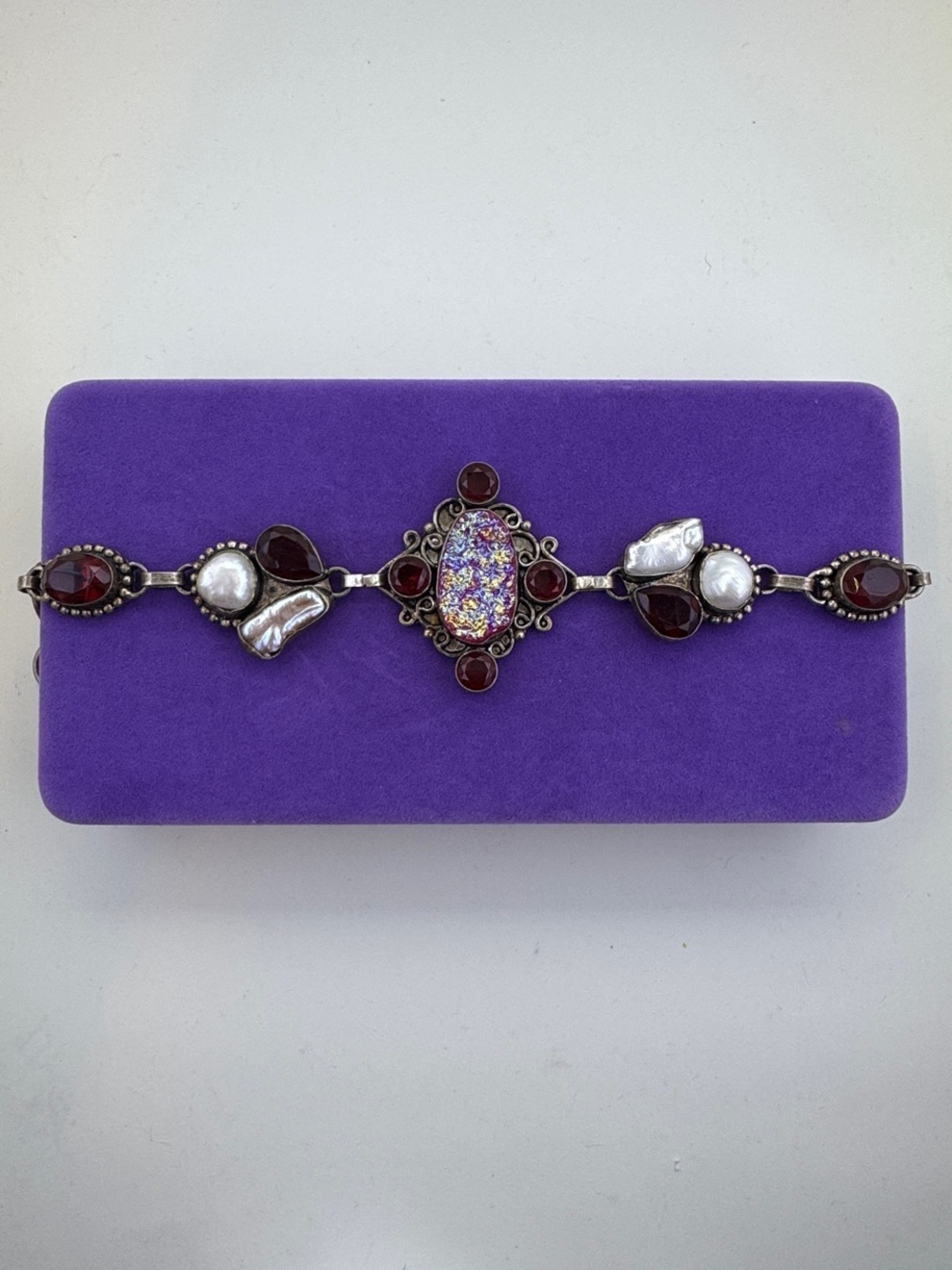 💛 Vintage 925 Artisan Pink Druzy, Garnet & Pearl Bracelet